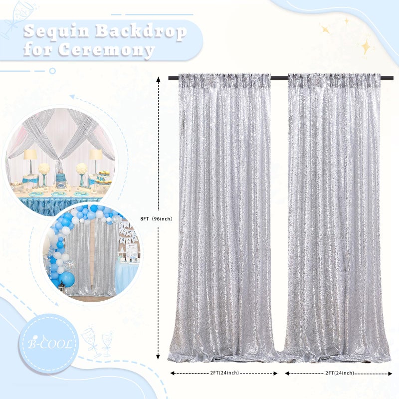B.Cool B-COOL Silver Sequin Backdrop Curtains 2 Panels 2ftx8ft Birthday Sequin Curtain for Background Silver Drapes for Birthday Party Baby Shower Photography Decorations - Image 3